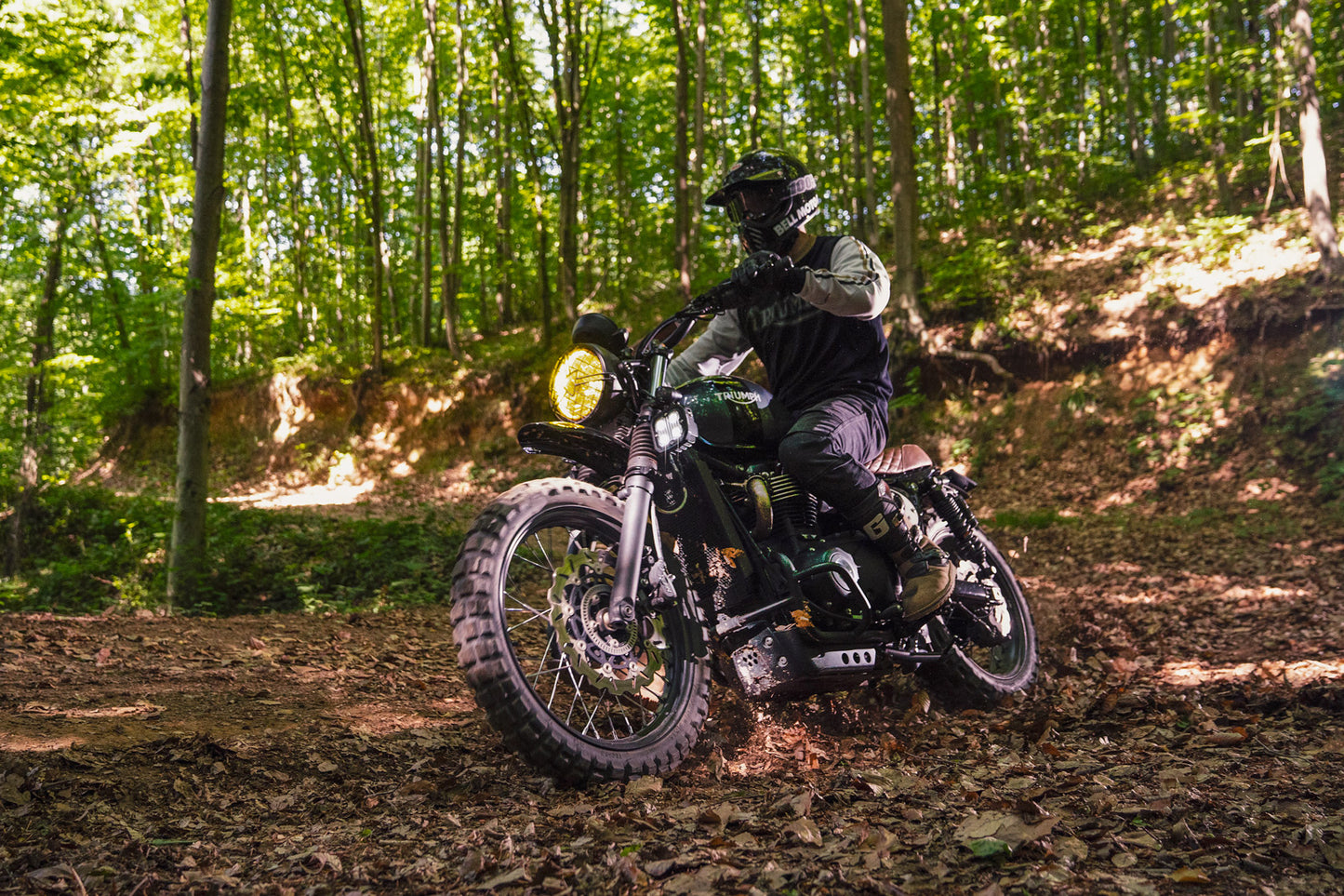 Triumph Radiator Guard Black engine guard Person riding a motorcycle in a forest setting