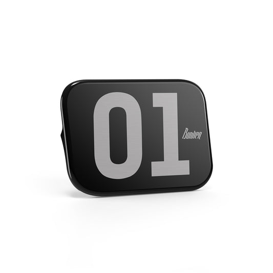 Black rectangular Honda CL250 CL500 Number Plate Side Cover with '01' printed on it, featuring a bunker logo, Glossy Black Finish