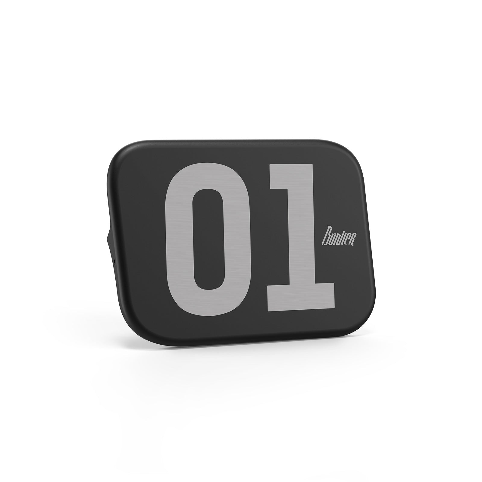 Black rectangular Honda CL250 CL500 Number Plate Side Cover with '01' printed on it, featuring a bunker logo, Matte Black Finish