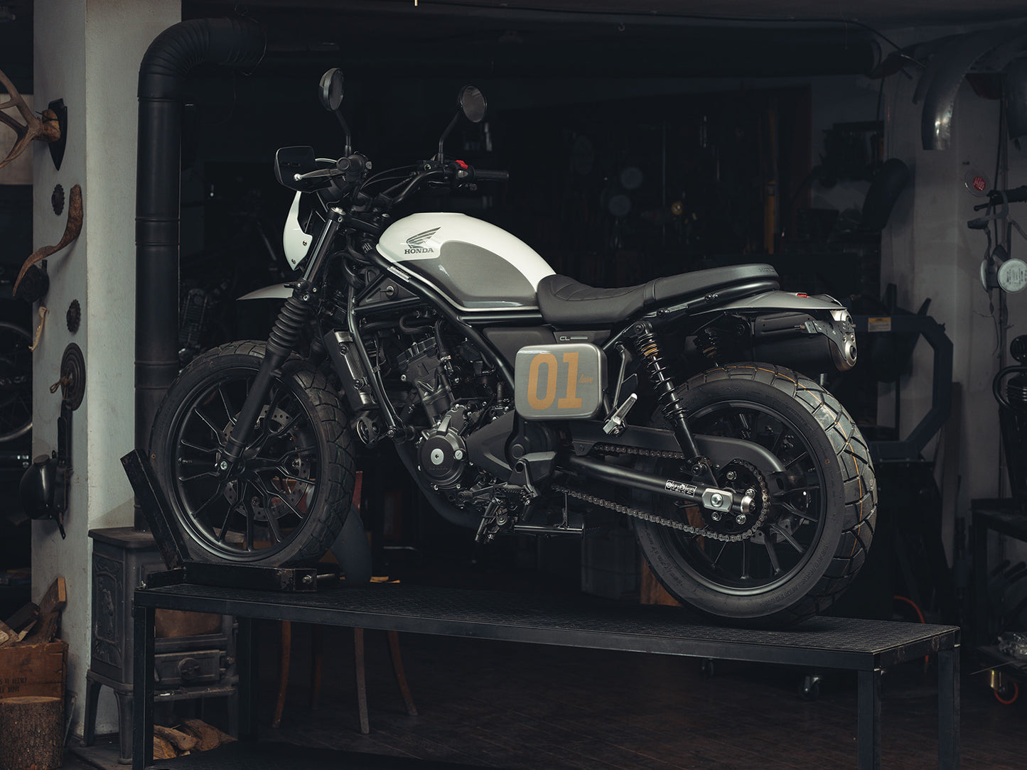 Honda CL250 CL500 Number Plate Side Cover with '01' printed on it, featuring a bunker logo, Glossy Metalic Grey Finish