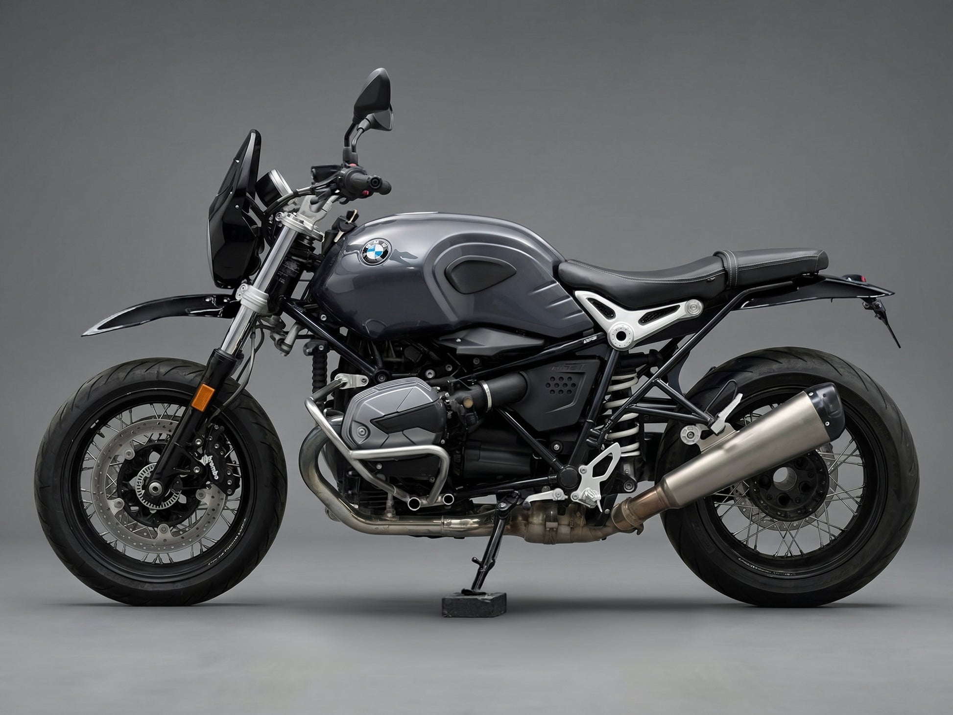 Bmw r ninet headlight with a dark background custom Front fairing, front fender and Rear fender Left side view