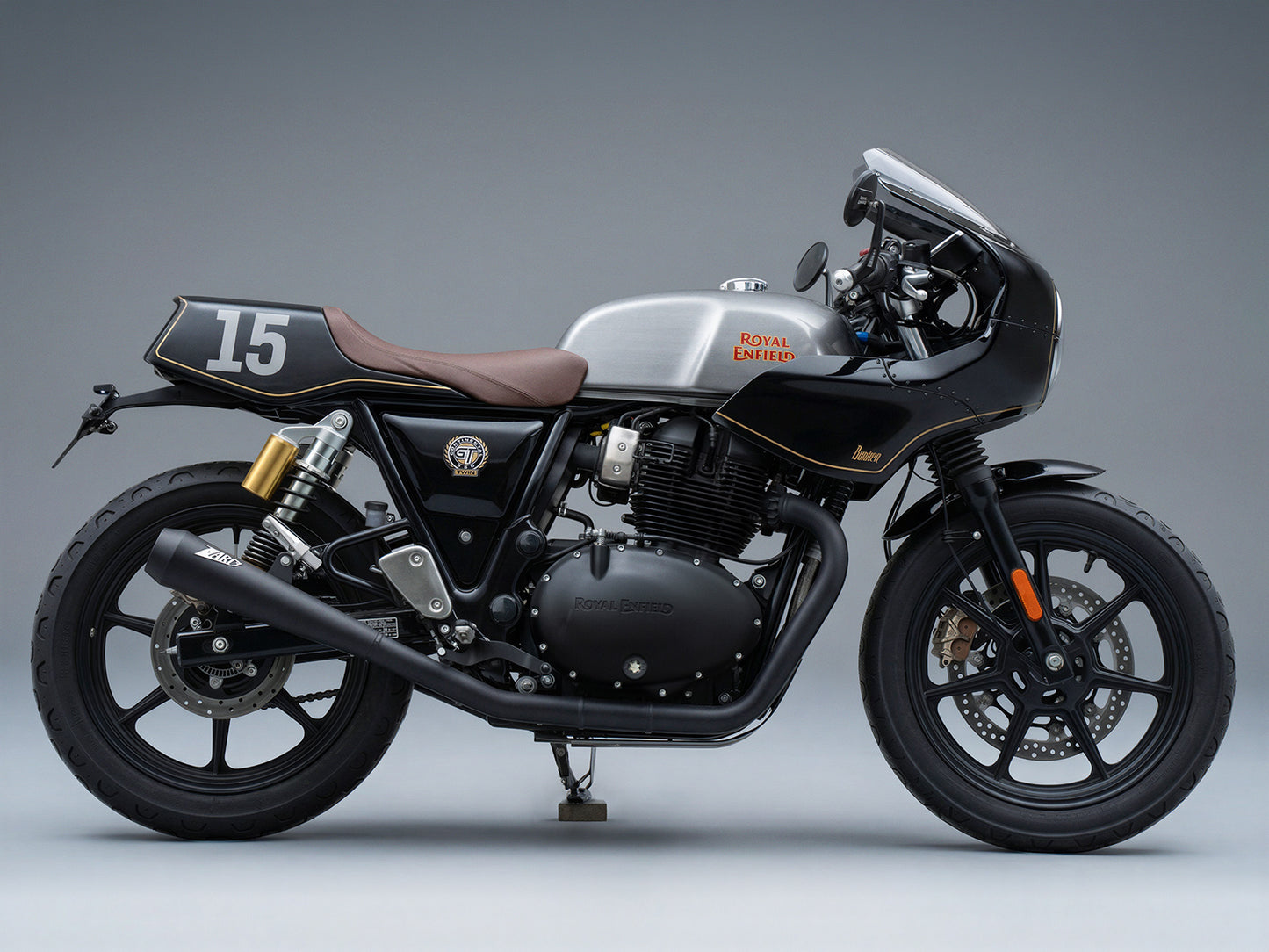 Black Royal Enfield motorcycle with Cafe racer front Fairing Kit  right side view