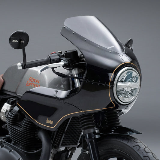 Black Royal Enfield motorcycle with Cafe racer front Fairing Kit  front end closeup