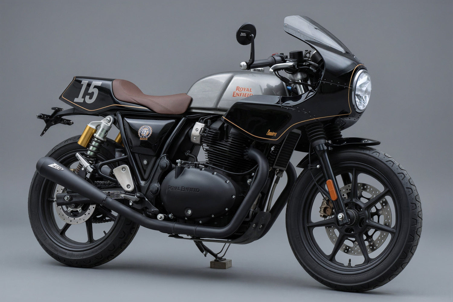 Black Royal Enfield with gold accents Cafe racer Front Fairing kit. Mono Seat tail tidy