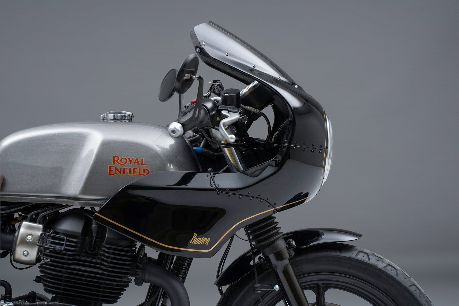 Black Royal Enfield GT 650 with gold accents Cafe racer Front Fairing kit