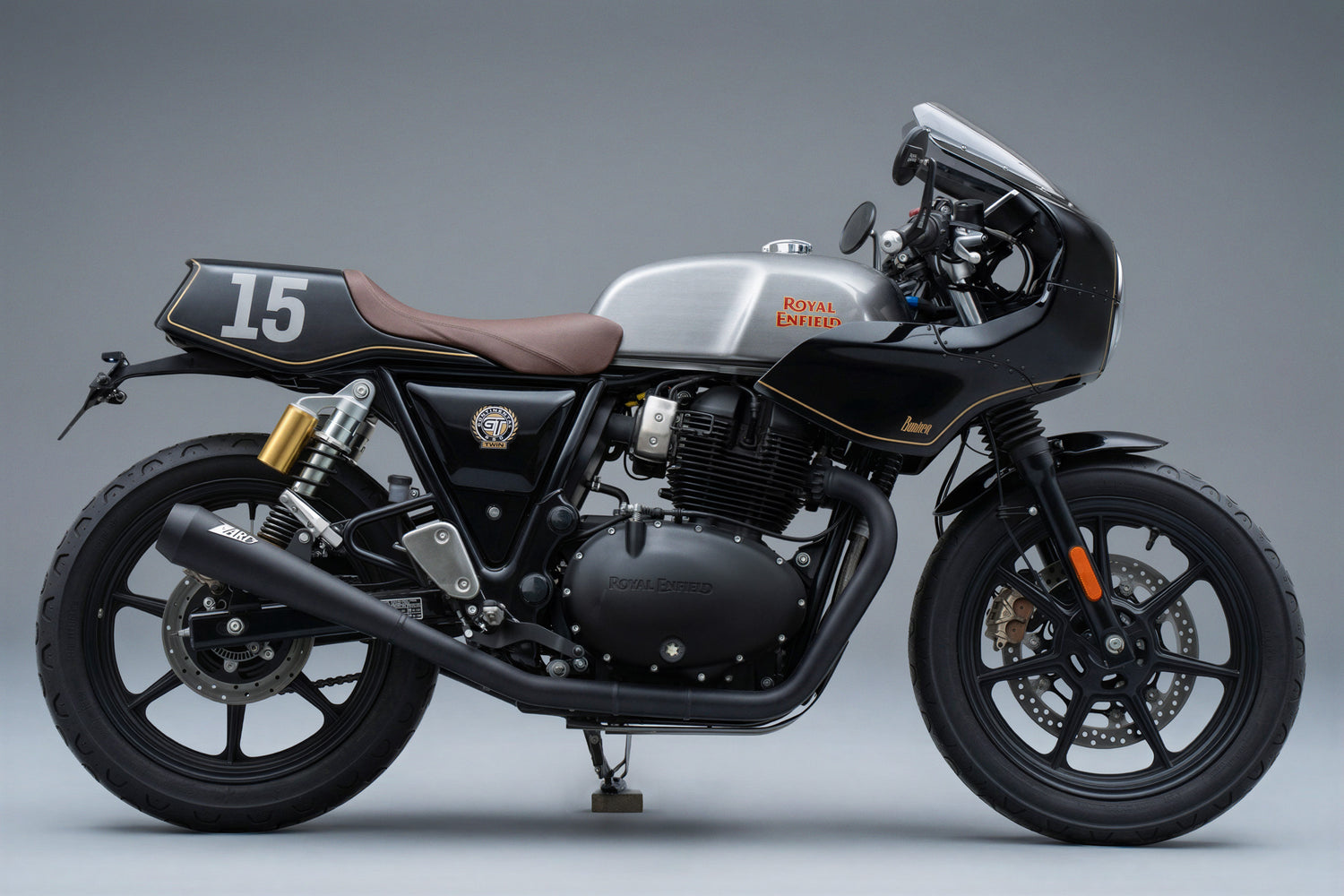 Black Royal Enfield GT 650 with gold accents Cafe racer Front Fairing kit with mono seat Tail Cowl number 15