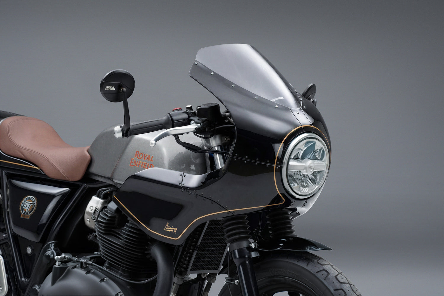 Black Royal Enfield GT 650 with gold accents Cafe racer Front Fairing kit